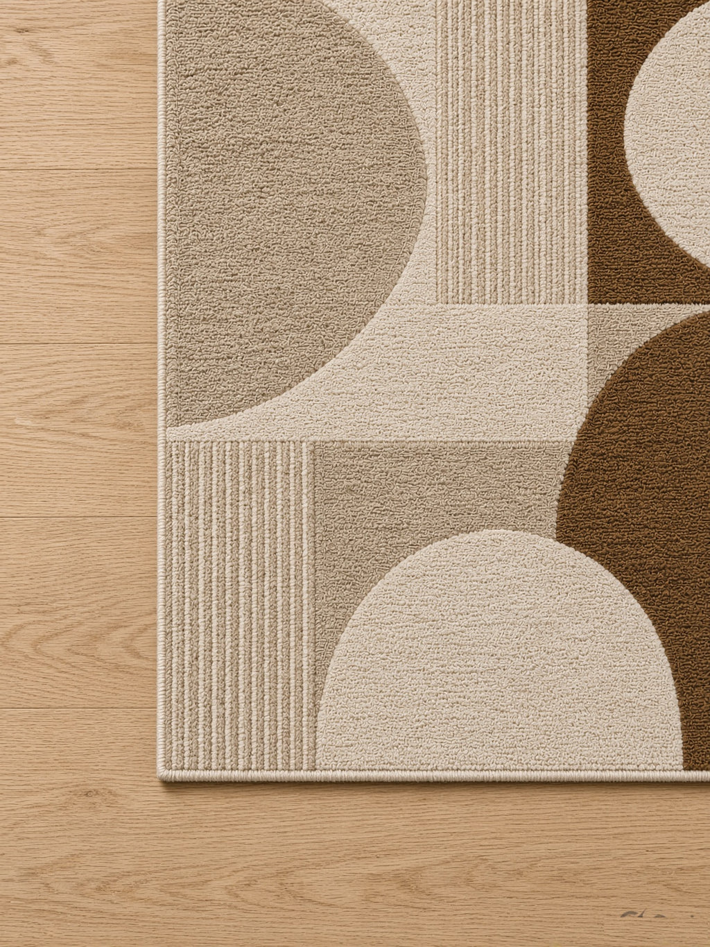 Caramel and Cream Geometric Circle Rug, hand-tufted wool rug, alternate room view