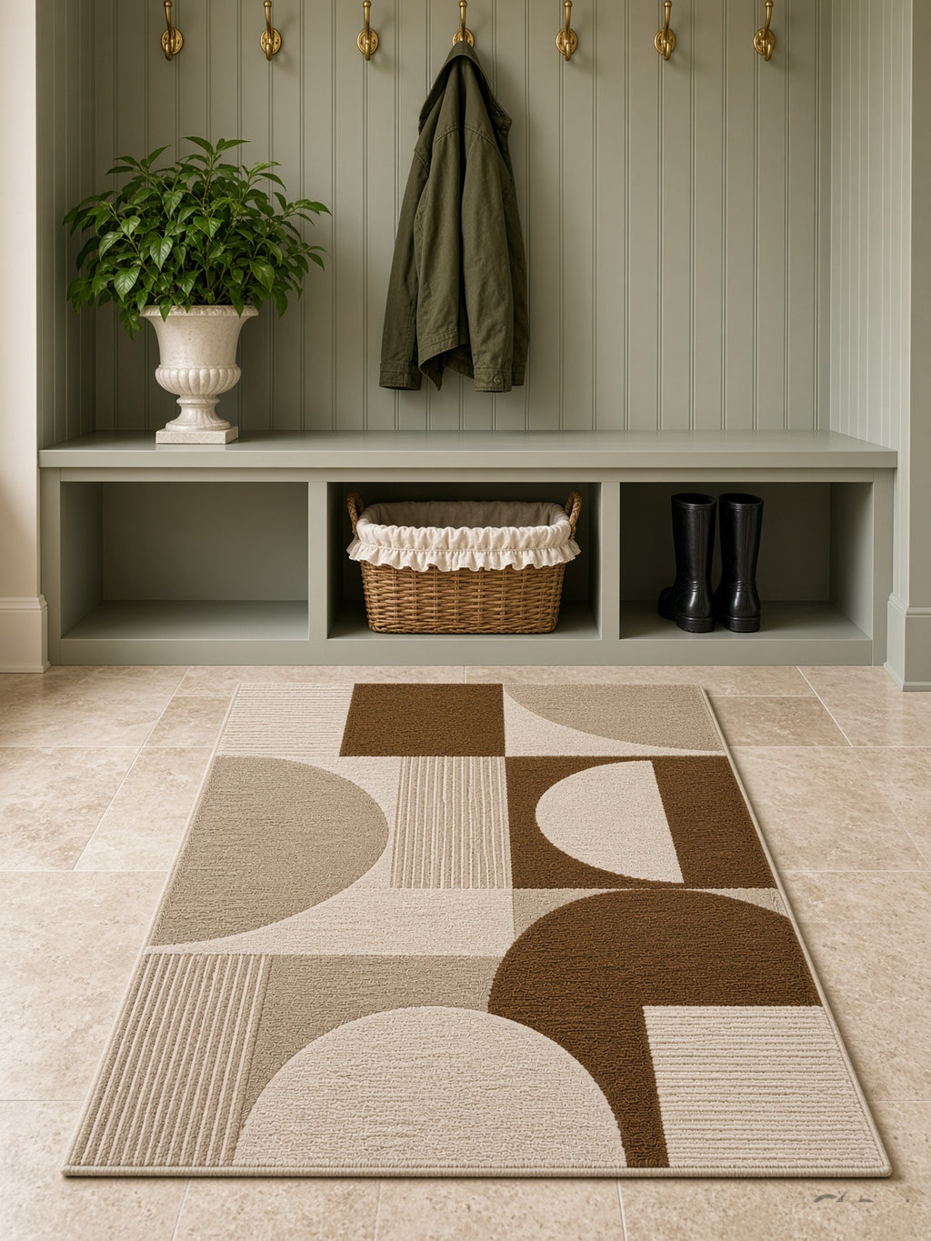 Caramel and Cream Geometric Circle Rug, hand-tufted wool rug, close-up view